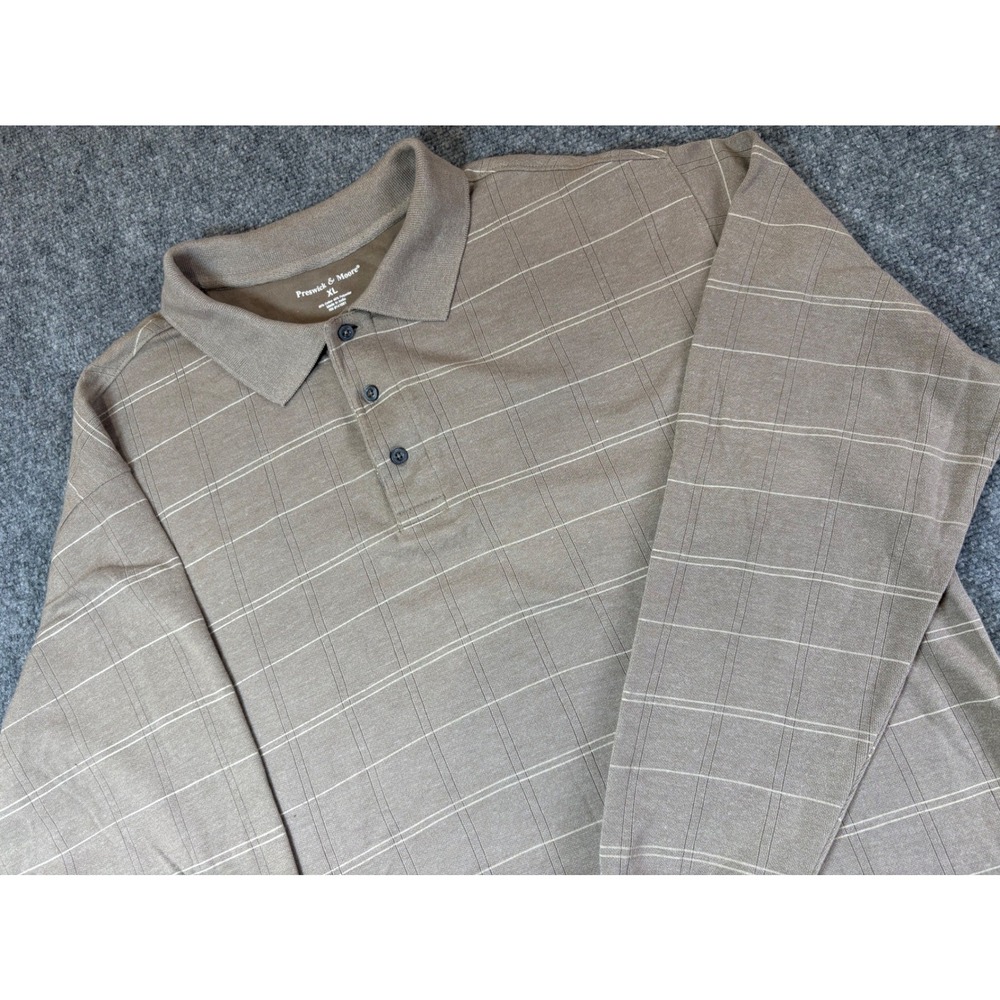 Preswick & Moore Mens XL Long Sleeve Polo Brown Windowpane Grid Cotton Blend